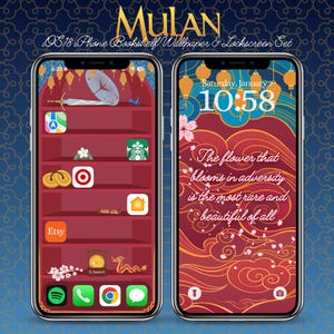 May include: A digital phone wallpaper and lockscreen set featuring a bookshelf design with the word "MULAN" at the top. The lockscreen displays a quote: "The flower that blooms in adversity is the most rare and beautiful of all."