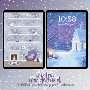 May include: Two digital phone wallpapers with a winter wonderland theme. The first wallpaper features a bookshelf with a fireplace, a chair, and a snowman. The second wallpaper features a snowy landscape with a house and a path. Both wallpapers feature a snowflake pattern and a digital clock.