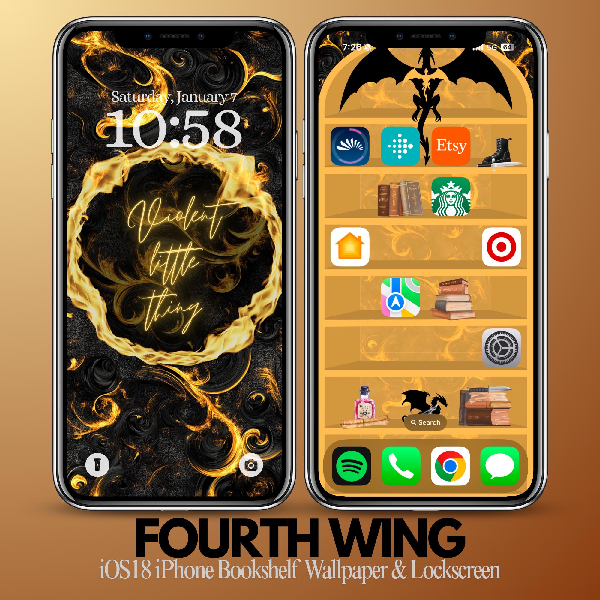 Fourth Wing iPhone Bookshelf Backgrounds and Matching Lockscreen with Book Quote