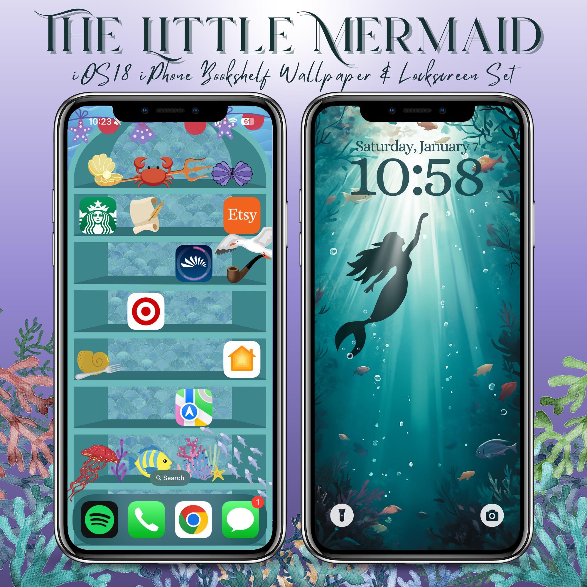 Little Mermaid iPhone iOS 18 Bookshelf Background & Lockscreen Set