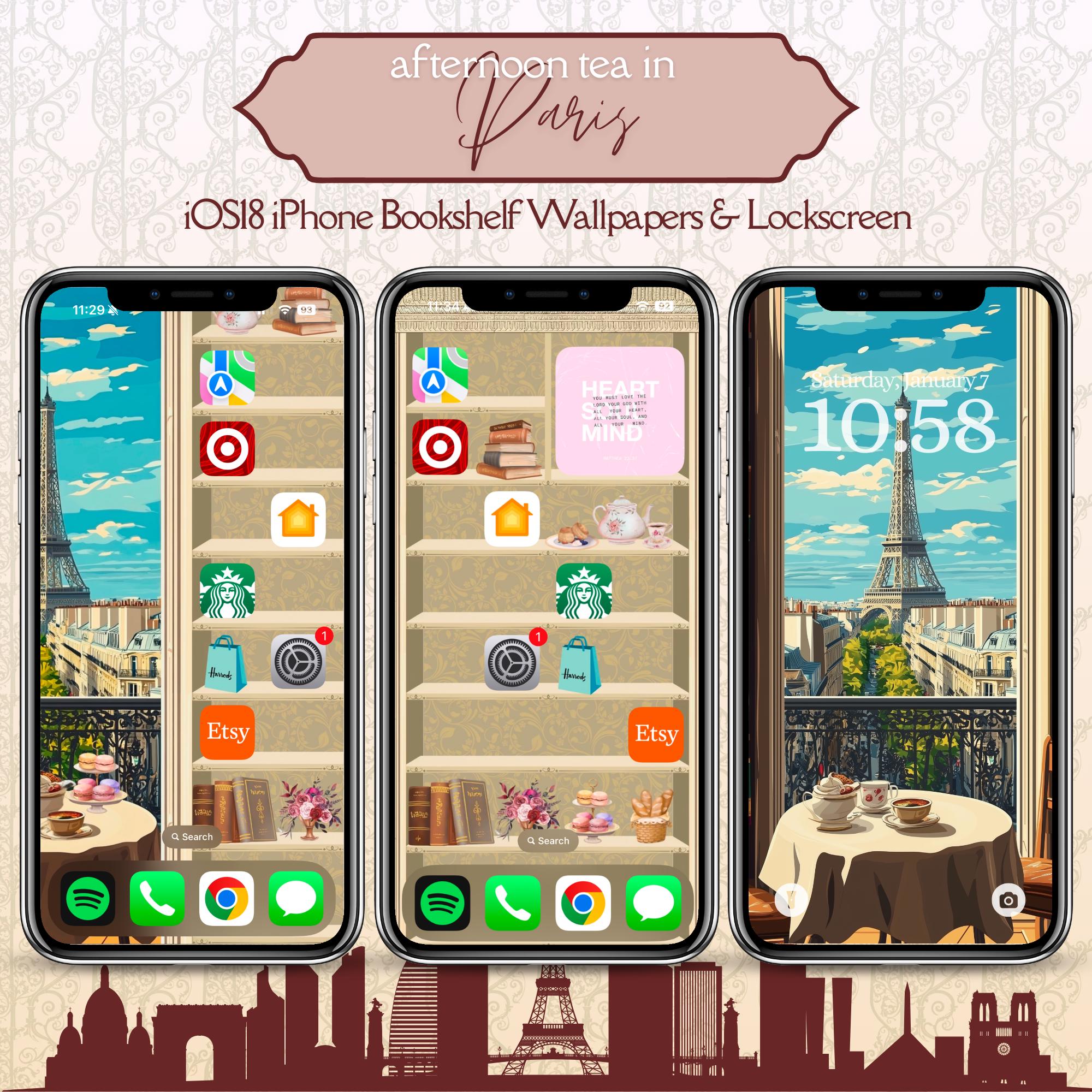 Afternoon Tea in Paris - iPhone Bookshelf Backgrounds with Matching Eiffel Tower Lockscreen