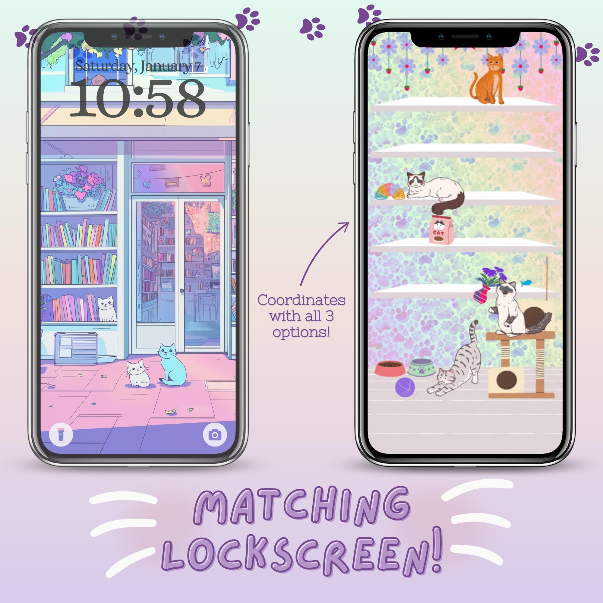 Cat Lover’s Pastel Rainbow iPhone Bookshelf Backgrounds & Matching Lockscreens - Thumbnail 2