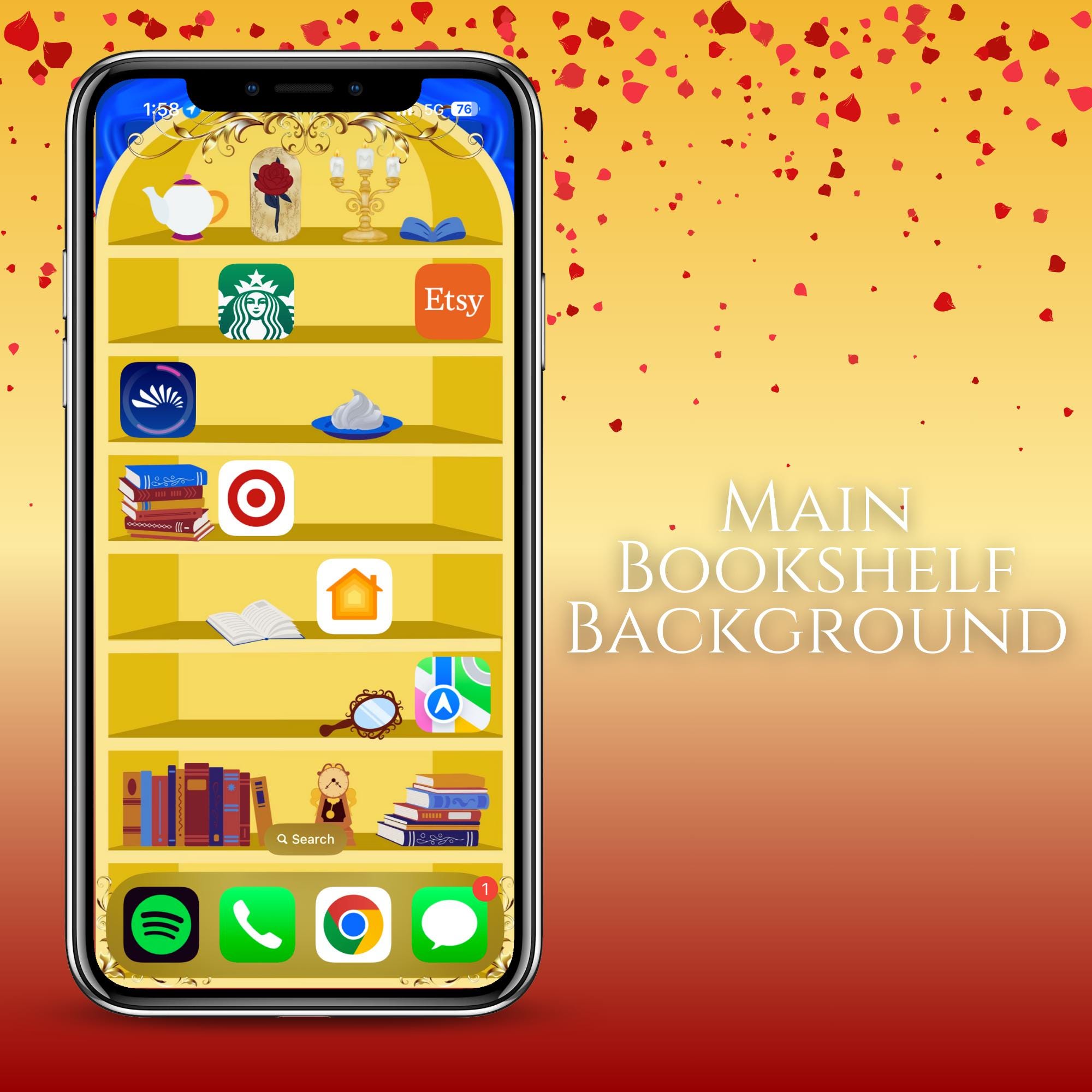 Beauty and the Beast iPhone iOS 18 Bookshelf Backgrounds & Lockscreen Set - Thumbnail 2
