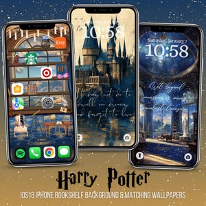 May include: Three iPhone screens displaying Harry Potter-themed wallpapers. One shows a bookshelf with app icons, another a castle scene with text, and the third a starry interior. The text "Harry Potter" and "IOS18 iPhone Bookshelf Background & Matching Wallpapers" are at the bottom.