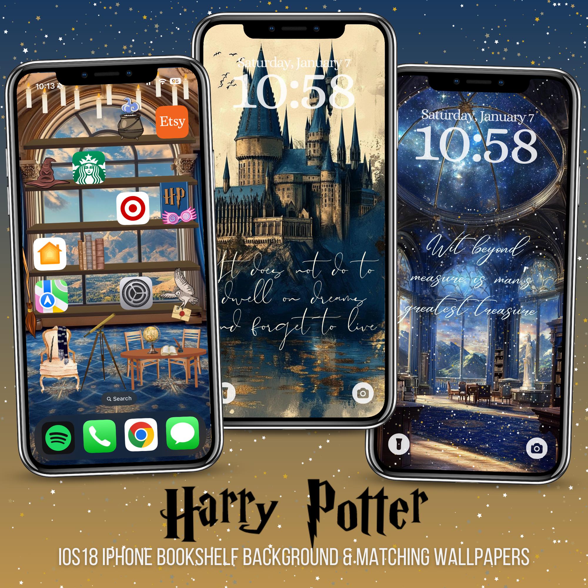 Ravenclaw Harry Potter Bookshelf Background for iPhone & Matching Book Quote Lockscreens