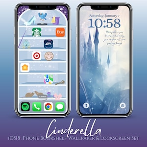 Puede incluir: Un fondo de pantalla para iPhone azul y blanco con un castillo y el texto "Ten fe en tus sueños y algún día, tu arcoíris vendrá sonriendo a través". La pantalla de inicio coincidente presenta una estantería con varios iconos, incluyendo un zapato de cristal, un logotipo de Starbucks y un logotipo de Target.