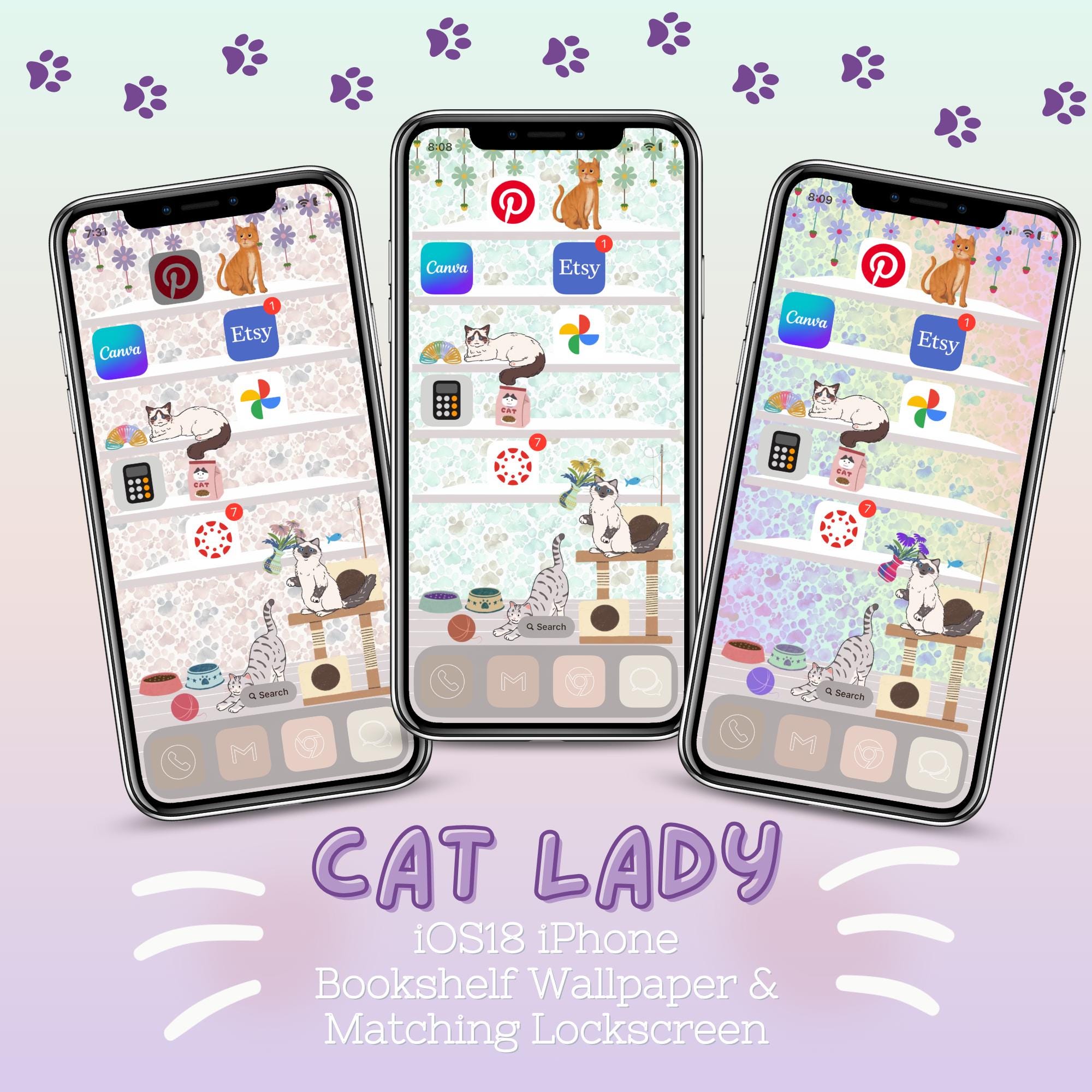 Cat Lover’s Pastel Rainbow iPhone Bookshelf Backgrounds & Matching Lockscreens