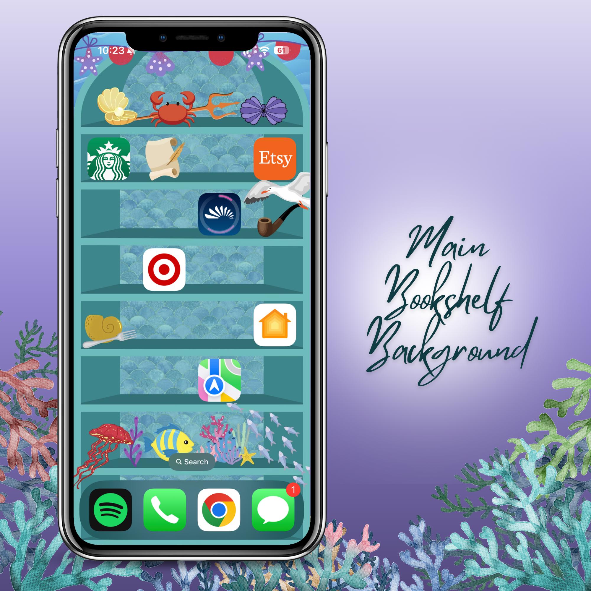 Little Mermaid iPhone iOS 18 Bookshelf Background & Lockscreen Set - Thumbnail 2