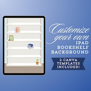 May include: A digital illustration of a white bookshelf with five shelves. The bookshelf is filled with books, a picture frame, and a potted plant. The text "Customize your own iPad Bookshelf Background" is written in a decorative font. The text "2 Canva Templates Included!" is written in a banner.