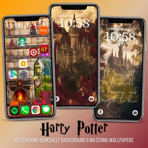 Puede incluir: Tres maquetas de iPhone con fondos de pantalla de Harry Potter. La primera muestra una estantería con una chimenea y varios artículos con temática de Harry Potter. La segunda muestra el castillo de Hogwarts en el fondo con una combinación de colores rojo y marrón. La tercera muestra el castillo de Hogwarts en el fondo con una cita de los libros: "No es bueno vivir en sueños y olvidarse de vivir."