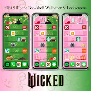 May include: A digital illustration of an iPhone home screen with a green and pink bookshelf wallpaper. The wallpaper features a witch's hat, a book titled "Holy Bible", and a Starbucks logo. The phone screen also includes icons for apps like Spotify, Google Chrome, and Etsy.