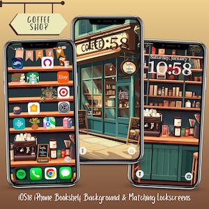 May include: Three iPhones displaying a coffee shop theme. The screens show a bookshelf background with app icons, a coffee shop exterior, and a bookshelf with a coffee machine. Text on the image reads "COFFEE SHOP" and "iOS18 iPhone Bookshelf Background & Matching Lockscreens."