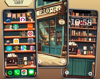 Op de afbeelding: Drie iPhones met een koffiehuisthema. De schermen tonen een boekenplankachtergrond met app-pictogrammen, een koffiehuisexterieur en een boekenplank met een koffiemachine. Tekst op de afbeelding luidt "COFFEE SHOP" en "iOS18 iPhone Bookshelf Background & Matching Lockscreens."