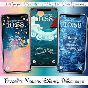 May include: A set of four digital phone wallpapers featuring modern Disney princesses. The first wallpaper is pink and features a long, flowing braid with stars and the text "Go live your dreams". The second wallpaper is blue and features a large wave with a red sailboat and the text "Sometimes our strengths lie beneath the surface". The third wallpaper is blue and features a snowflake design with the text "The cold never bothered me anyway".