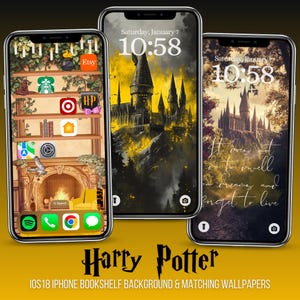 May include: Three iPhone mockups with Harry Potter themed wallpapers. The first shows a bookshelf with a fireplace and various app icons. The second shows Hogwarts castle in a yellow and black watercolor style. The third shows Hogwarts castle in a forest setting with the quote "It does not do to dwell on dreams and forget to live".