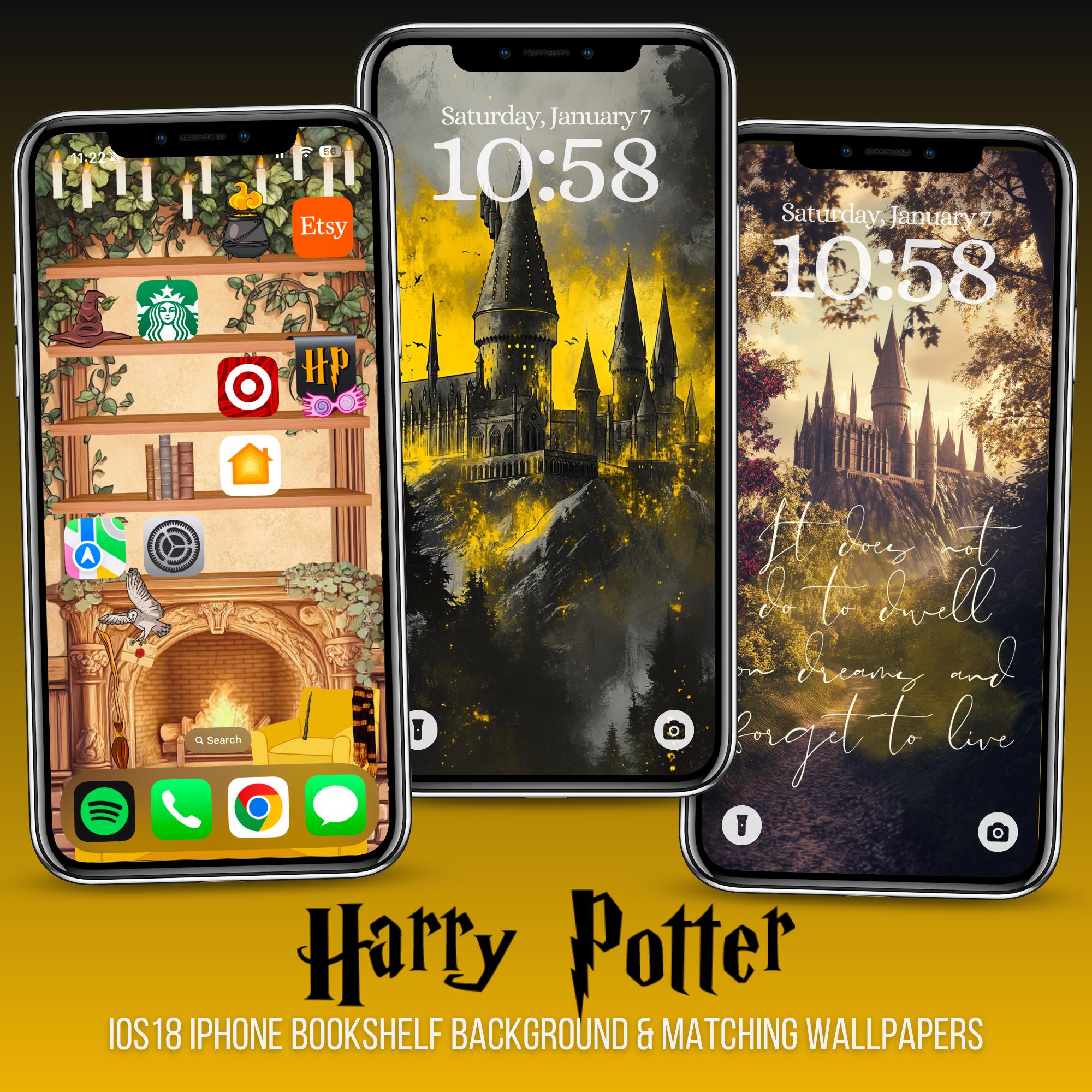 Hufflepuff Harry Potter iPhone Bookshelf Background and Matching Lockscreens with Favorite Book Quotes