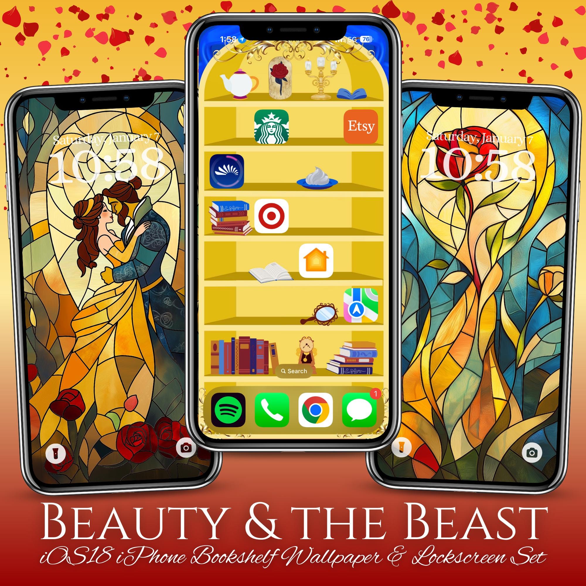 Beauty and the Beast iPhone iOS 18 Bookshelf Backgrounds & Lockscreen Set