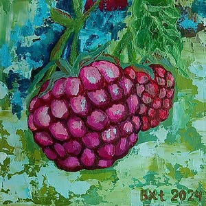 Pintura al óleo con textura de frambuesa: arte original en impasto. 4 x 4 pulgadas, cartón incluido