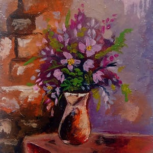 Mini pintura al óleo floral ACEO – Original 2,5 x 3,5, ramo de jarrón sobre cartón – Bodegón de flores diminutas, mini arte coleccionable