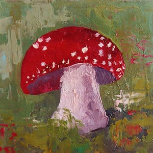 Forest Magic: Cogumelo Amanita em Óleo. 10x10 cm. Papelão. Arte original.