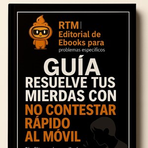 Puede incluir: Una portada de ebook negra con el título "GUÍA RESUELVE TUS MIERDAS CON NO CONTESTAR RÁPIDO AL MÓVIL" en letras blancas grandes. La portada también incluye el texto "RTM Editorial de Ebooks para problemas específicos" y "Formato Ebook".