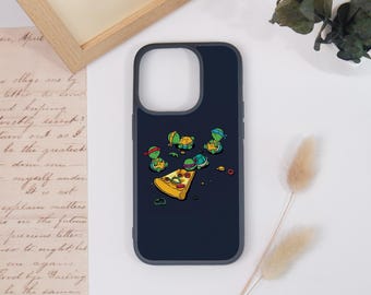 May include: A navy blue phone case featuring a cartoon illustration of the Teenage Mutant Ninja Turtles around a pizza slice. The turtles are in their signature colors: red, blue, orange, and purple. The case has a dark gray border.