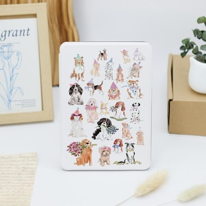 May include: White background with a variety of watercolour illustrations of dogs wearing party hats. The dogs are in different poses and have different coloured hats.