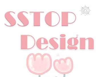 May include: A graphic design featuring the text "SSTOP Design" in a soft pink color. Below the text are two pink tulip illustrations with green leaves and stems. A small sun illustration is in the upper right corner.