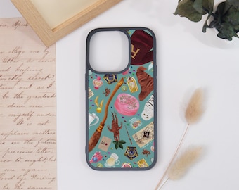 May include: A teal phone case with a dark gray border, featuring a pattern of wizarding world icons. The design includes a sorting hat, a broom, a cake, and other magical elements. The case is likely for a smartphone.
