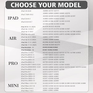 K&ouml;nnte beinhalten: Eine Produktkompatibilit&auml;tstabelle mit dem Titel &bdquo;W&Auml;HLEN SIE IHR MODELL&ldquo; listet iPad-, iPad Air-, iPad Pro- und iPad Mini-Modelle mit den entsprechenden Modellnummern auf. Die Tabelle soll Kunden bei der Auswahl des richtigen Produkts helfen.