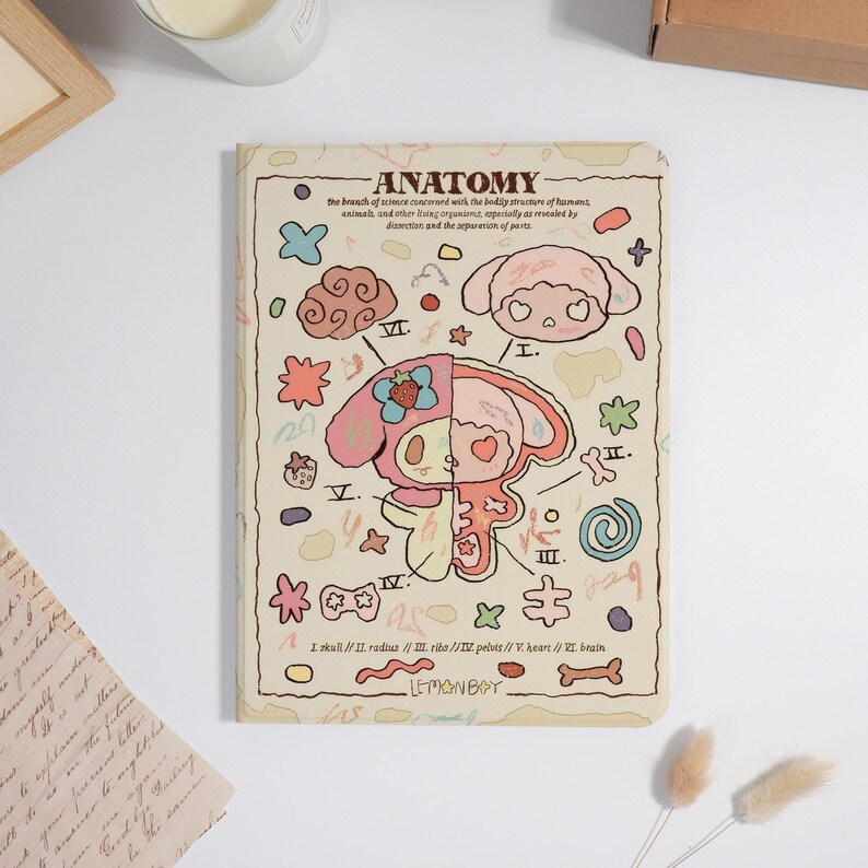 K&ouml;nnte beinhalten: Ein Notizbuch mit beigem Einband, das eine Cartoon-Illustration eines Charakters zeigt, der in zwei H&auml;lften geteilt ist und die Anatomie zeigt. Der Einband enth&auml;lt das Wort "ANATOMY" und verschiedene bunte Kritzeleien und Etiketten. Das Notizbuch liegt auf einer wei&szlig;en Oberfl&auml;che.