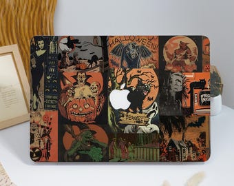 May include: A laptop skin featuring a collage of Halloween-themed illustrations, including a vampire, werewolf, witch, black cat, jack-o'-lanterns, and a haunted house. The design incorporates the text "HALLOWEEN" and "BEWARE!" in a dark, orange, and black color palette, with a central cutout for an Apple logo.