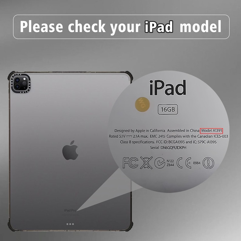K&ouml;nnte beinhalten: Ein iPad Pro mit einer transparenten H&uuml;lle wird gezeigt, mit einer Nahaufnahme der Ger&auml;tespezifikationen. Der Text lautet "Bitte &uuml;berpr&uuml;fen Sie Ihr iPad-Modell" und hebt die Modellnummer A1395 hervor. Das iPad hat eine silberne R&uuml;ckseite und eine schwarze Kamera.