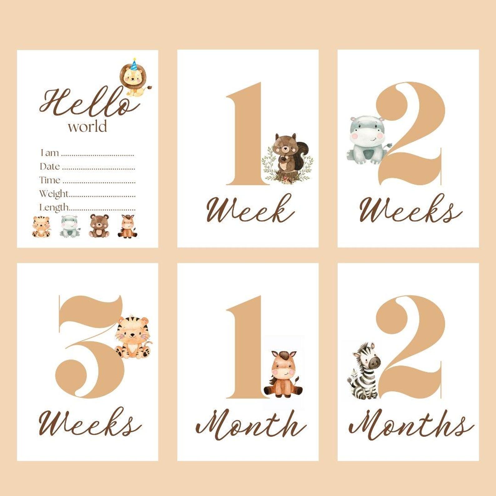 Baby Monthly Milestone Card for Baby in Beige, Baby Animal, Printable ...