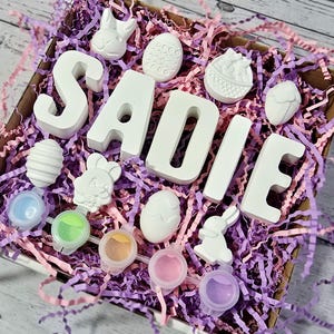 May include: A white craft kit with the name "SADIE" spelled out in large letters. The kit includes paint pots, bunny and egg shapes, and a pink and purple shredded paper filler.