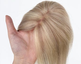 Topper per capelli umani biondi 18P/613, perimetro in PU, 3 clip, radici 3D annodate a mano, 9 x 10 cm
