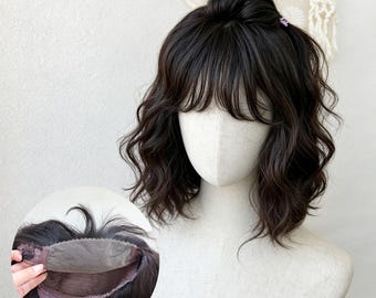 13×6 Swiss Lace Front with Bangs Loose Wave Bob Virgin Human Hair  Natural Hairline