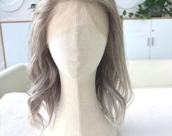 13x4 Lace Front Wig 100% Human Hair Grey Blonde, Voluminous Long-Layered for Parties