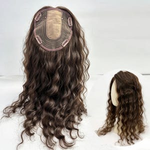 16x16cm Chocolate Brown Small Curly Silk Center Part Human Hair Topper for Autumn Winter