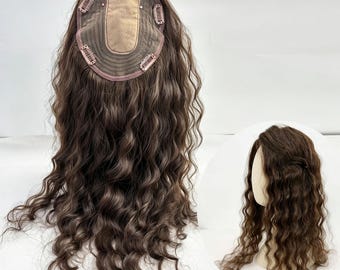 16x16cm Chocolate Brown Small Curly Silk Center Part Human Hair Topper for Autumn Winter