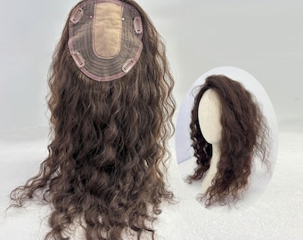 Topper per capelli umani in seta con riga centrale, piccolo riccio color cioccolato, 16 x 16 cm, per autunno inverno