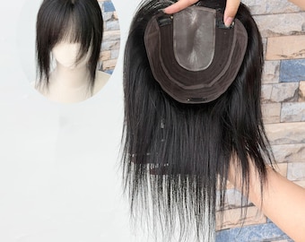 Large 7×9 Inch Mono Base Human Hair Topper With Curtain Bangs, Free Part