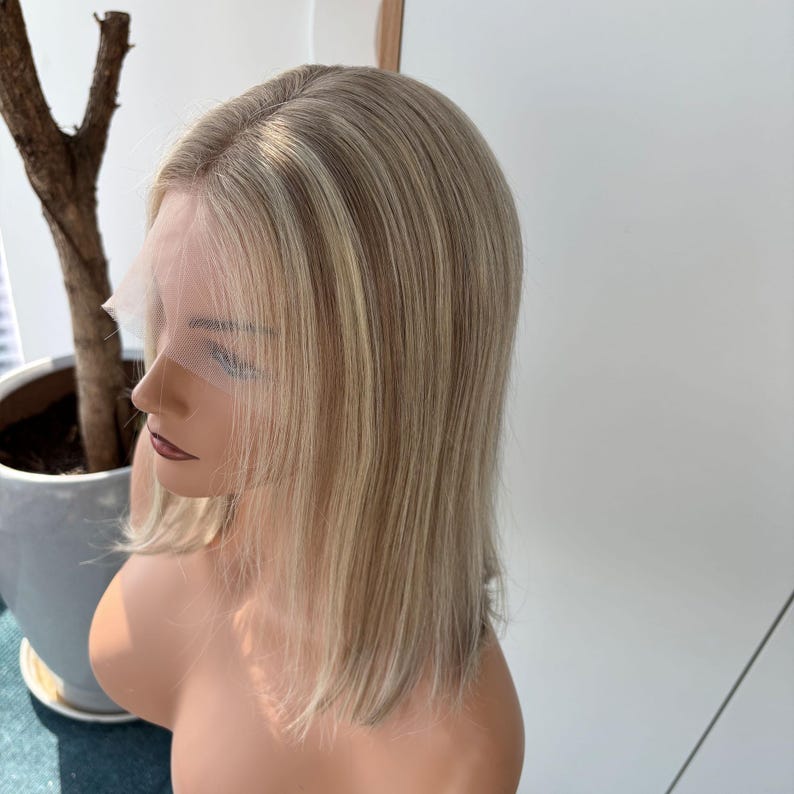 Golden Rooted Balayage Short Straight Bob Wig 100% Real Human Hair, Pre-Bleached Knots image 6