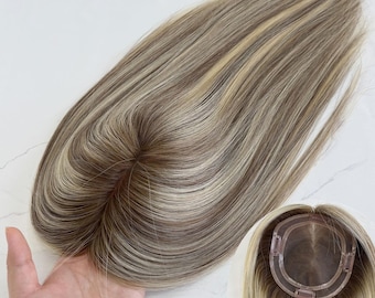 5x6 ”Doppel-PU-Kante 4-Clip Jungfrau-Menschenhaar-Topper 16” - Sandy Honey Balayage