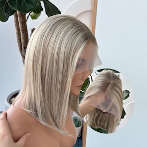 Golden Rooted Balayage Short Straight Bob Wig 100% Real Human Hair, Pre-Bleached Knots