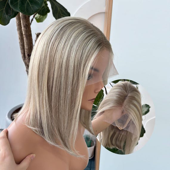 Golden Rooted Balayage Short Straight Bob Wig 100% Real Human Hair, Pre-Bleached Knots