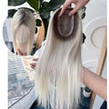 3x5 \u201d Virgin Human Hair Topper, Platinum Blonde with Silver Grey Roots, Natural Hairline product logo