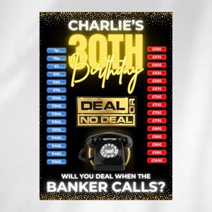 Póster de juego de cumpleaños Deal Or No Deal editado para adaptarse a tu cumpleaños 21, 30, 40, 50, 60 y 70. Se puede imprimir en tamaño A0, A1, A2, A3, A4 y A5.