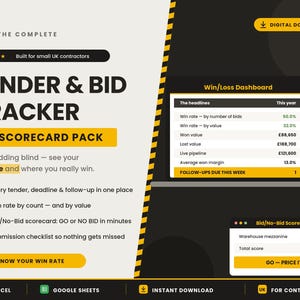 May include: A digital download for a Tender & Bid Tracker & Scorecard Pack for contractors. The graphic features a Win/Loss Dashboard and a Bid/No-Bid Scorecard with yellow and black accents, listing metrics like win rate, won value, and total score.