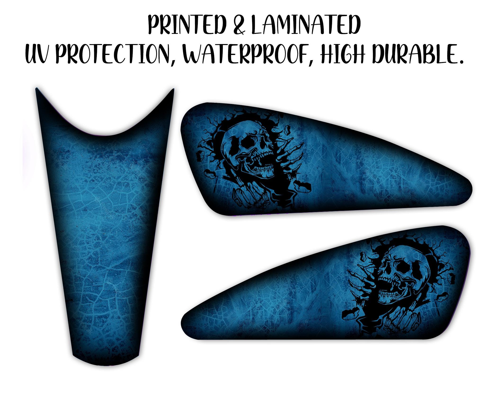 Motorcycle Tank Decal / Sticker 3pcs / Moto Gas Tank Stickers / skull  / grunge / blue for HD
